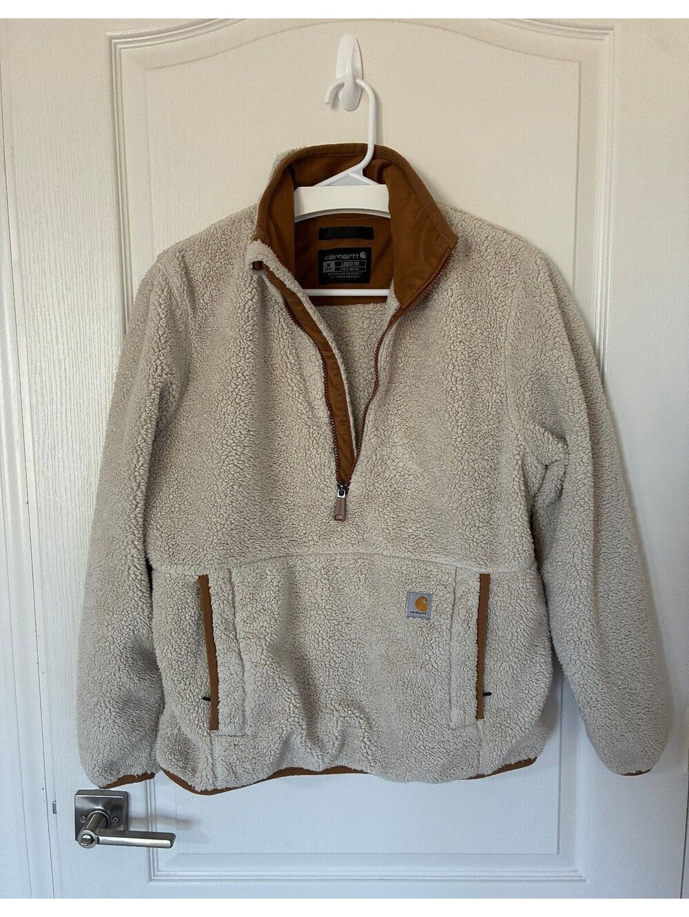 Women's Carhartt Medium shearling pullover cream tan half zip front logo
